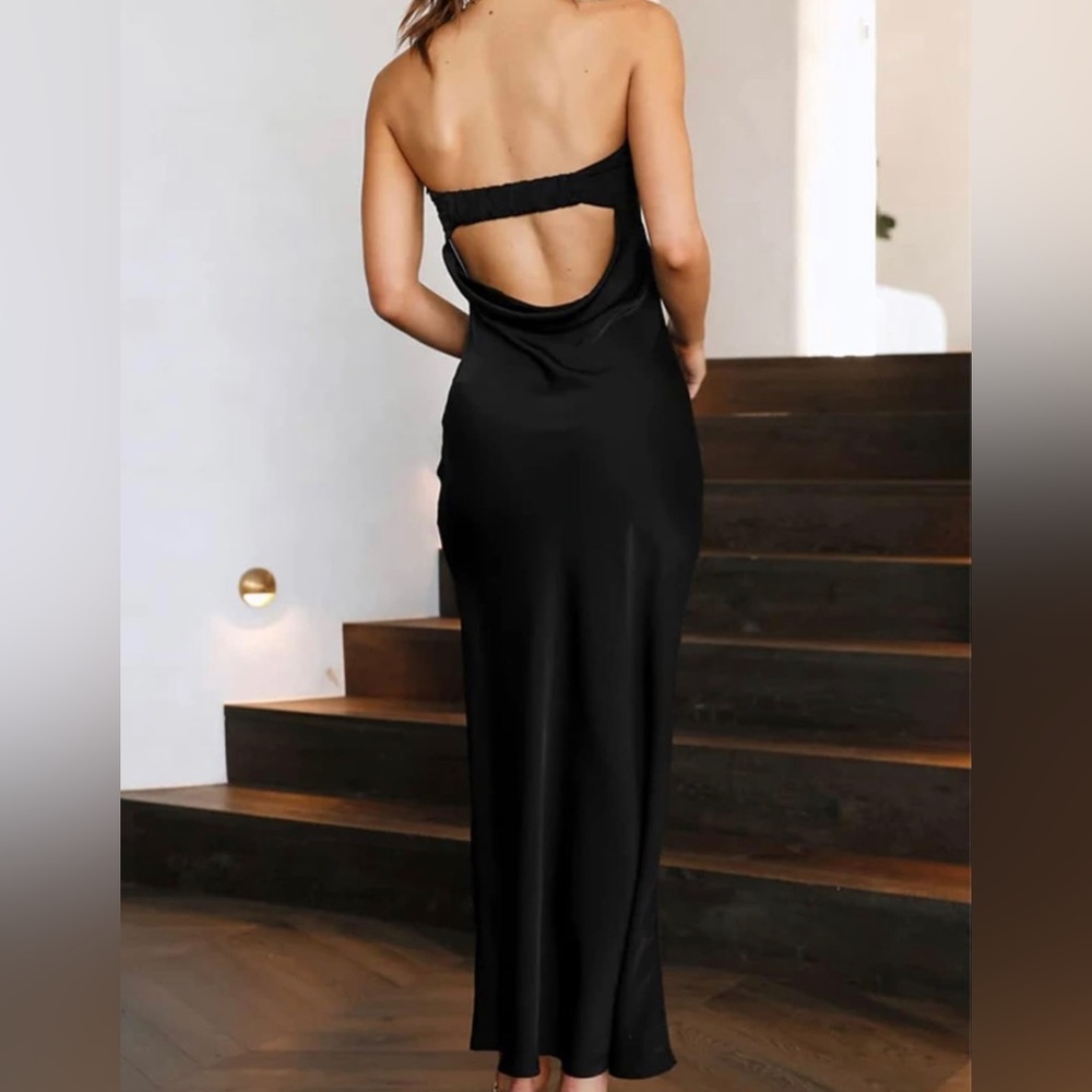 Black satin strapless maxi dress